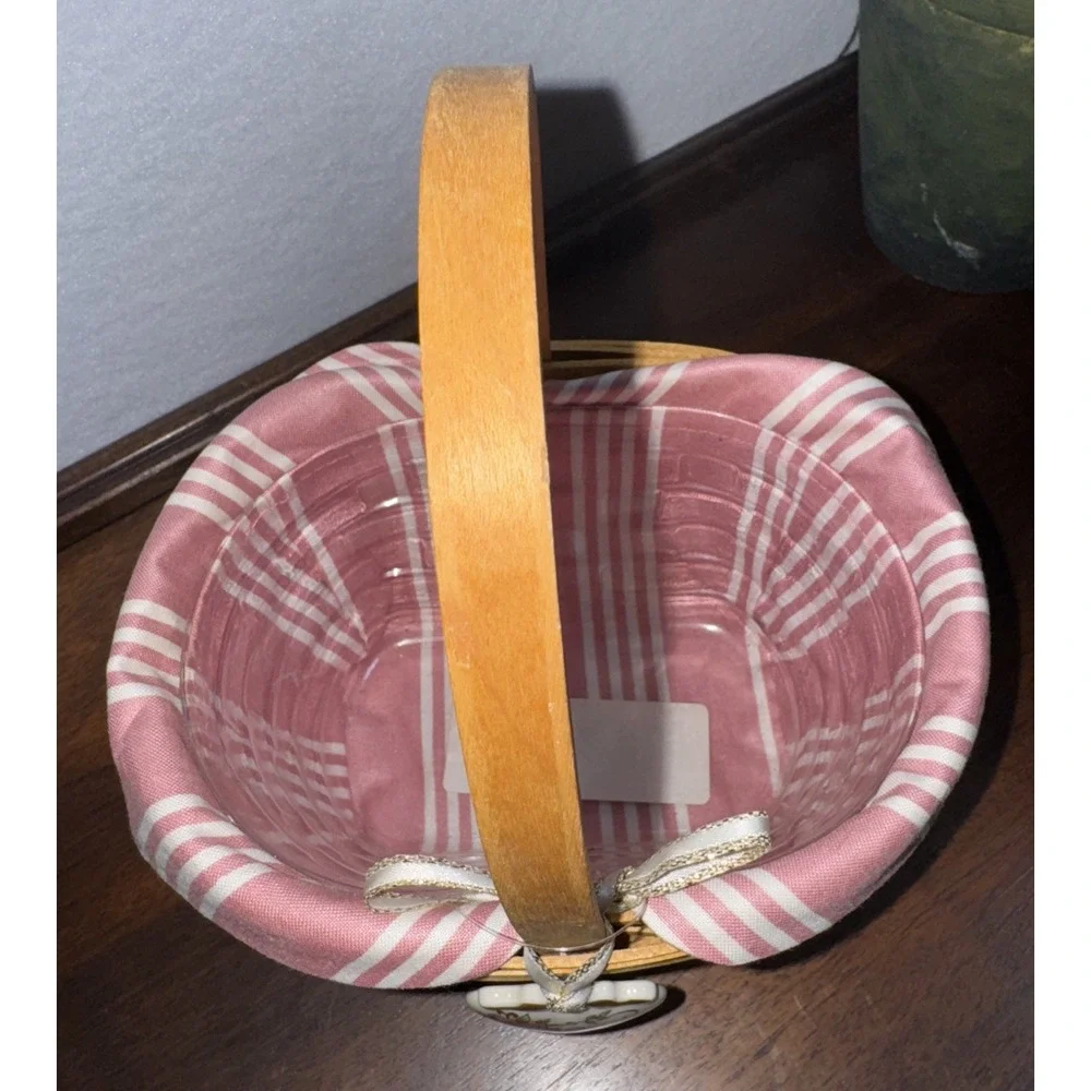 Longaberger HOPE Basket With Pink Stripes Liner, Plastic Liner‎ And Heart Tie On